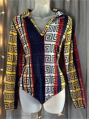 Ups & Downs multicolor geometric print collared long sleeve bodysuit Sz XL